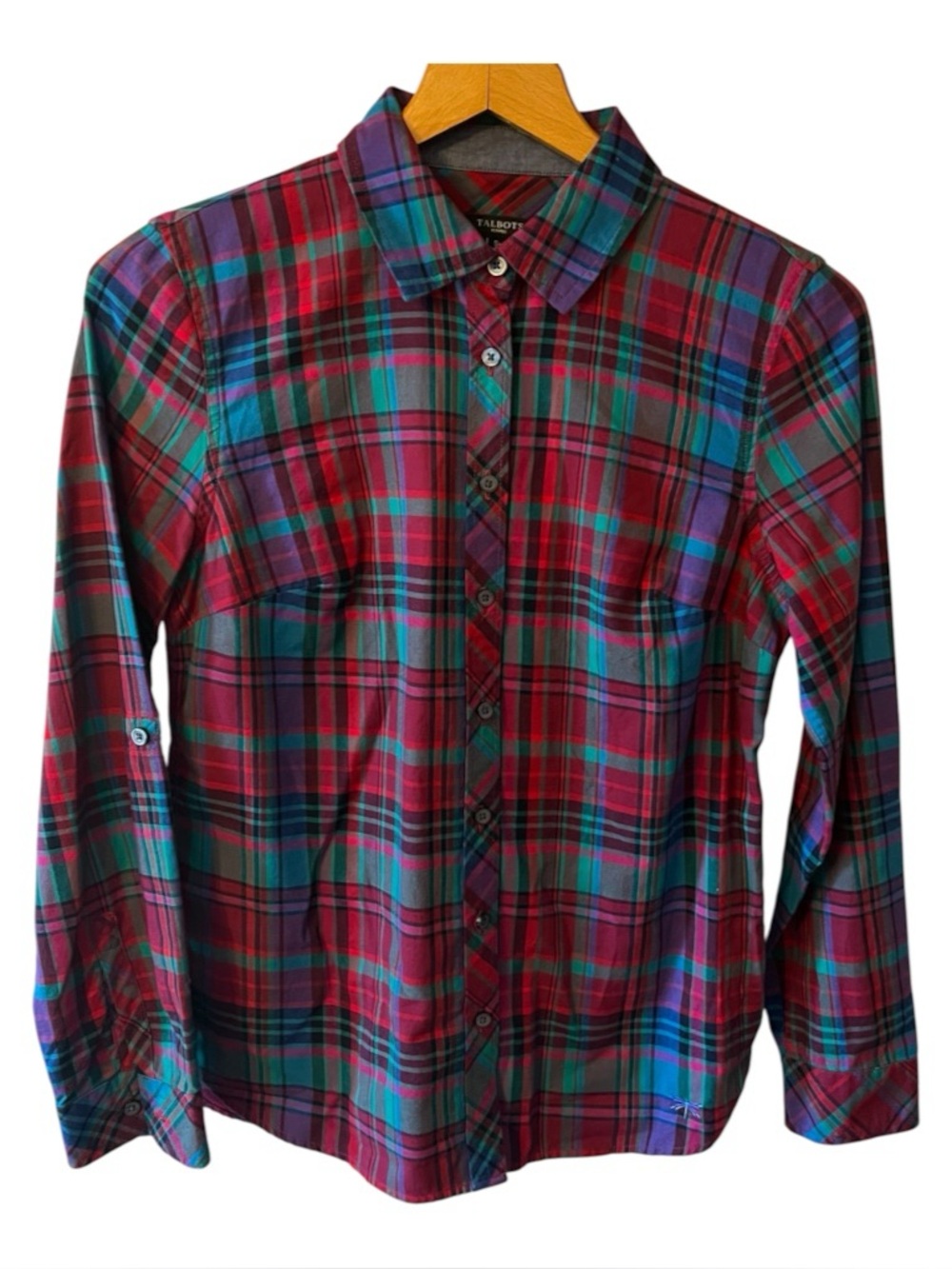 TALBOTS Jewel Tone Plaid Button Front Cotton Shirt Sz Small Petite